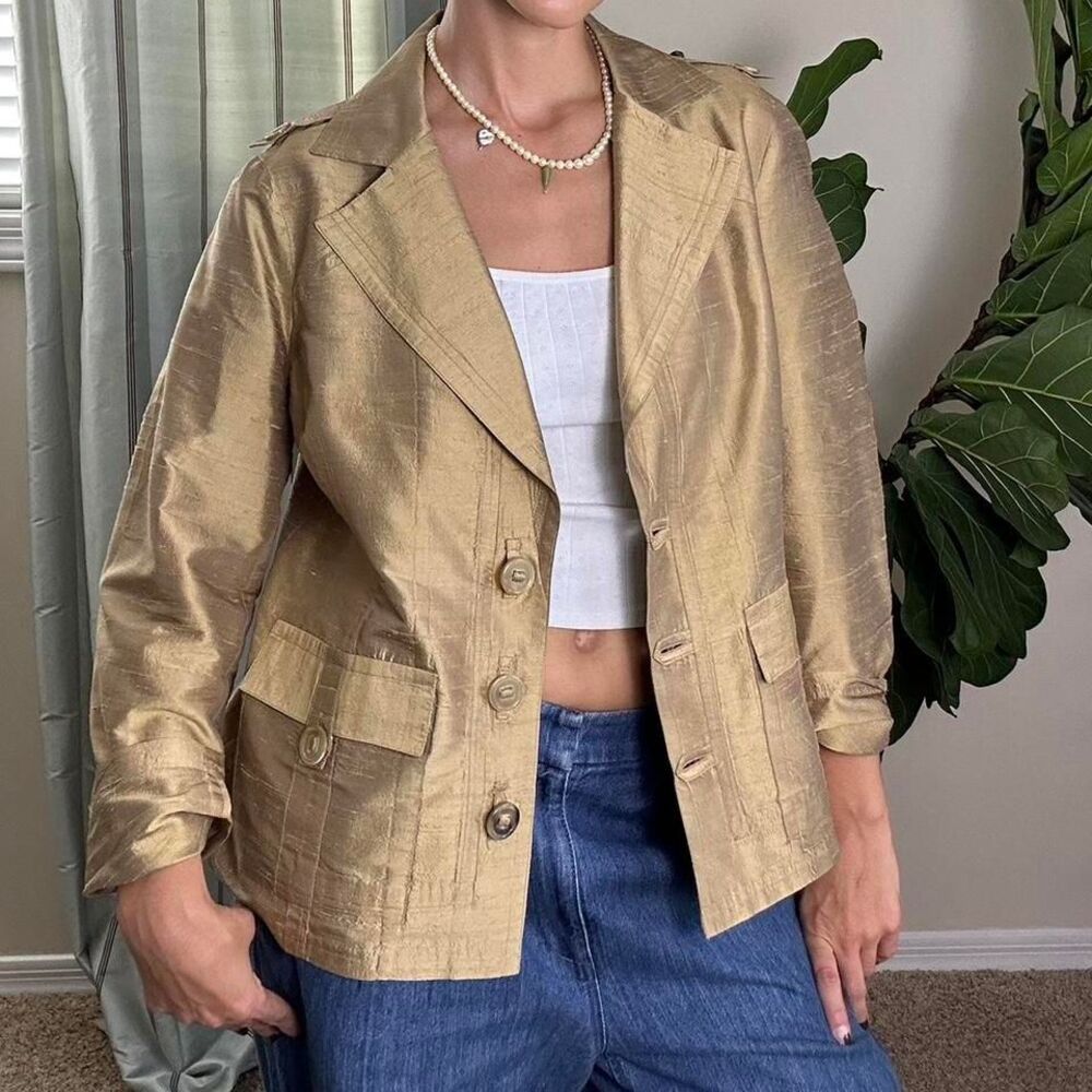 Gold silk metallic button-up lightweight jacket